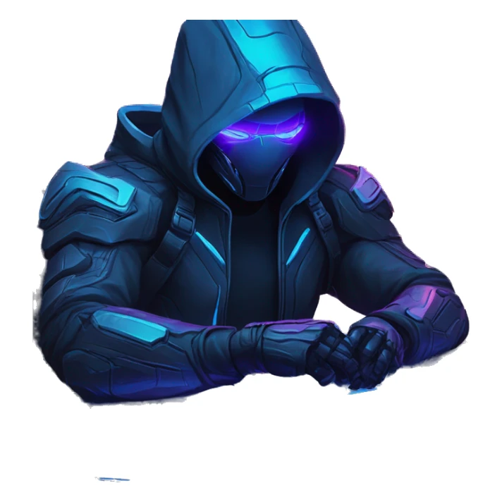 developer behind his laptop with this style : crysis Cyberpunk Riot Games Valorant neon glowing bright blue character blue black hooded assassin themed character sticker