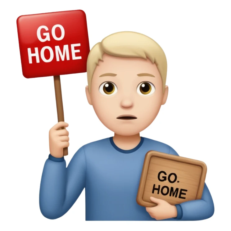 A white person holding a sign that says go home sticker