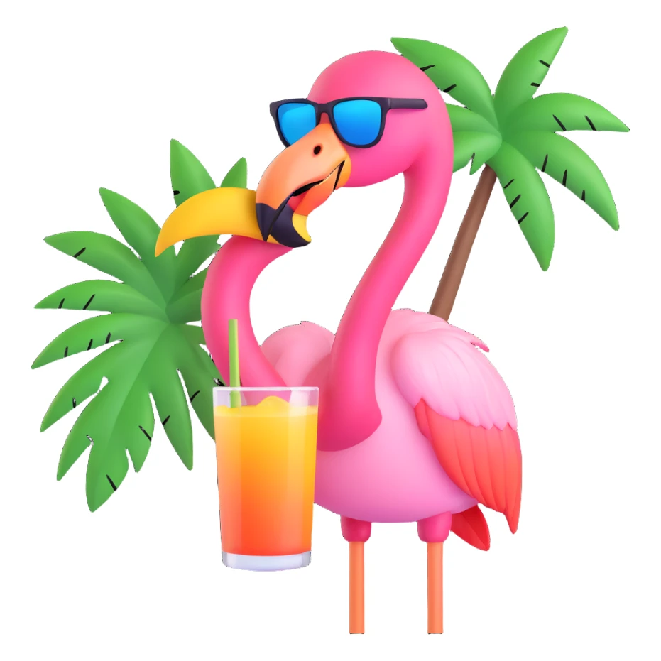 flamingo with sunglasses with a tropical drink and palm tree sticker