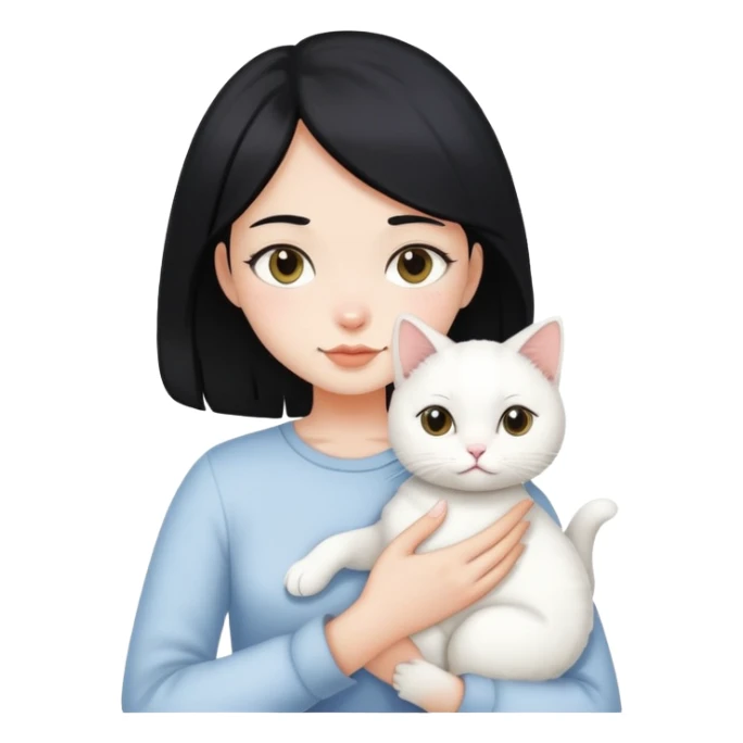 A black hair girl holding a white cat sticker