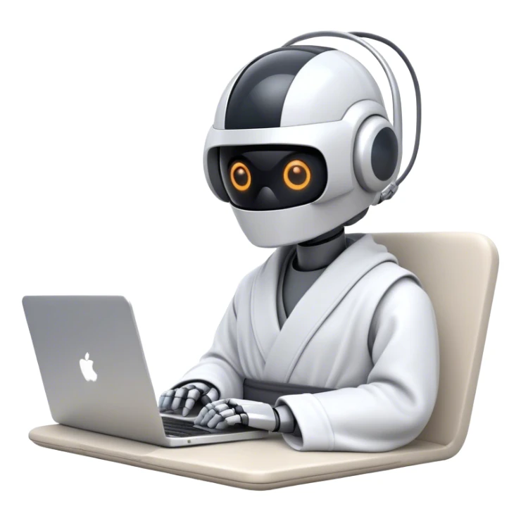 Emoji of a remote-working robot in a cozy smooth bathrobe with a laptop. The robot has a sleek helmet-like head with glowing digital eyes. Relaxed yet high-tech vibe. sticker