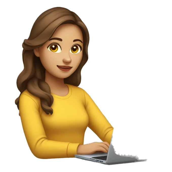software engineer female with apple laptop in front of her, facing the left side while looking at her laptop. very long wavy brown hair, brown eyes, tan skin, yellow sweatshirt, no glasses sticker
