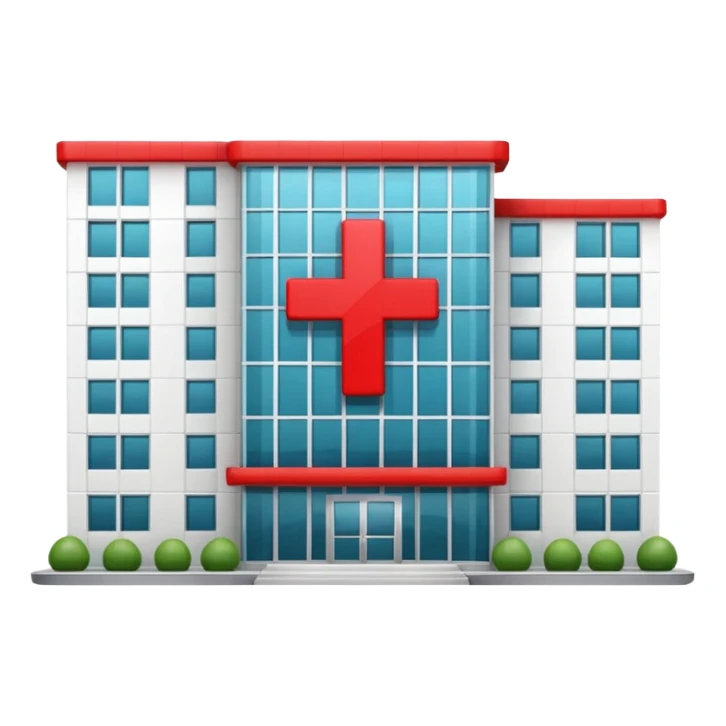 A hospital building with a red +. In PNG format. sticker