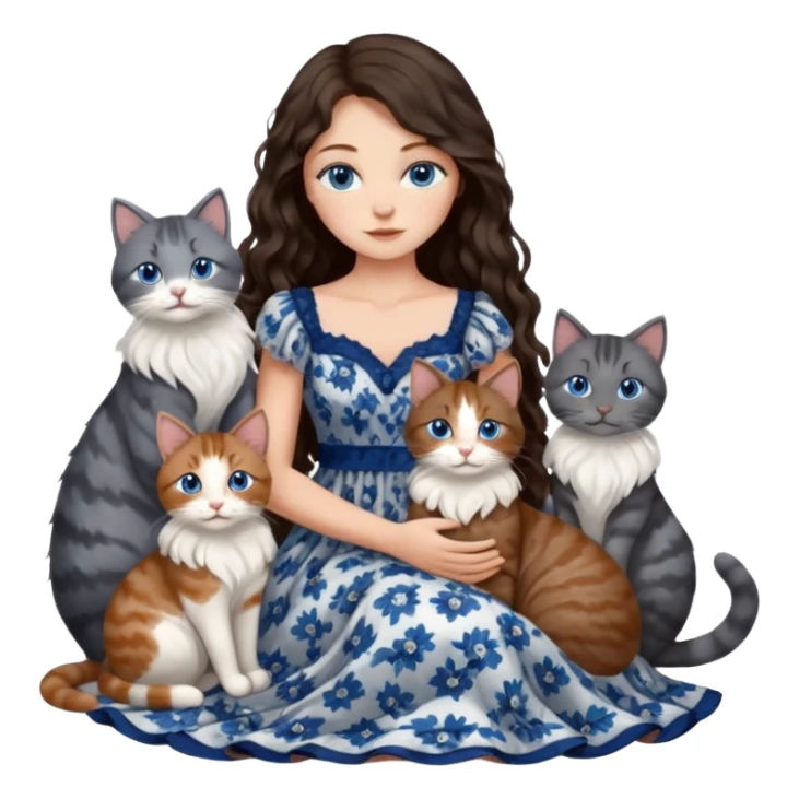 detailed realistic looking a dark grey and white cat regally sitting with six other cats, cuddling with their owner who is a pretty bratz lightly tanned white girl with long dark brown hair, blue eyes and gorgeous long wavy hair wearing a pretty detailed dress sticker