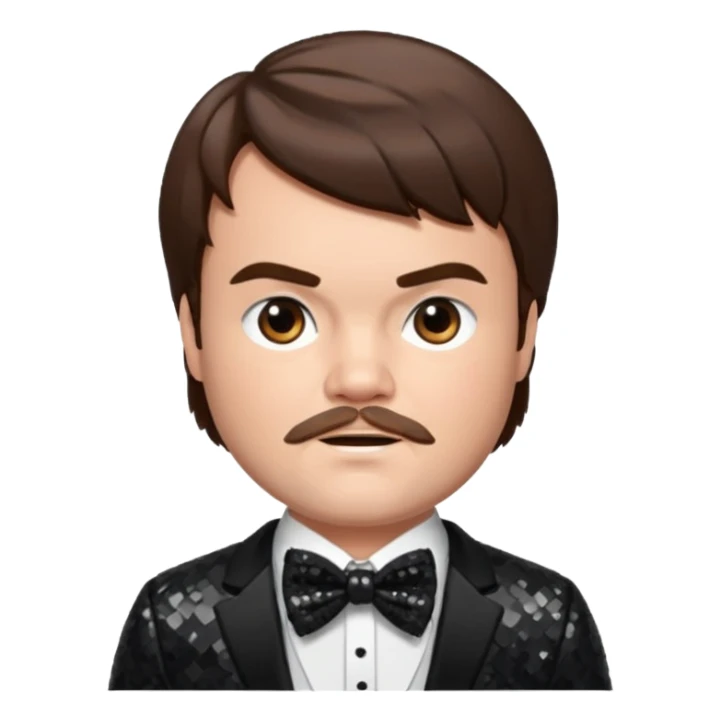 Jack Black with brown hair, black sequin suit with bow tie sticker