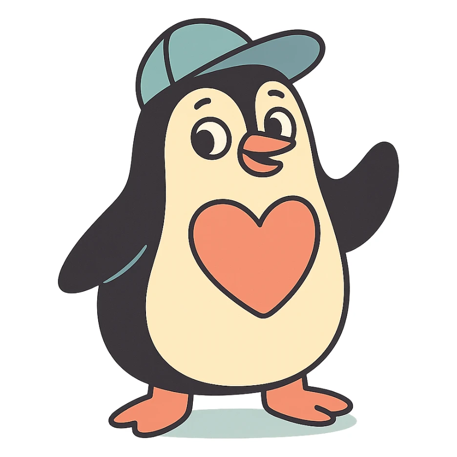 penguin wearing a baseball cap with a big heart-shaped patch on its chest in pastel-toon style sticker