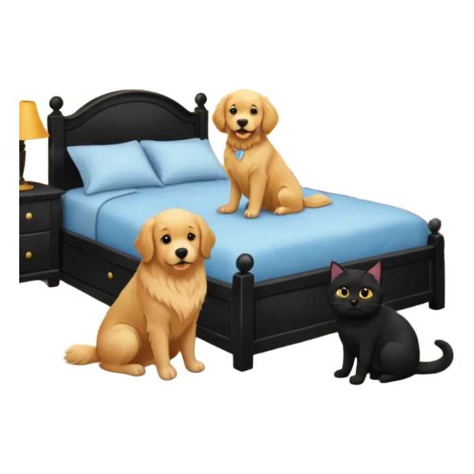 golden retriever and black cat in a bedroom sticker