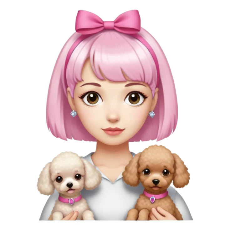short pixie bangs platinated woman pink hair band，fair-skinned ,holding two poodles sticker