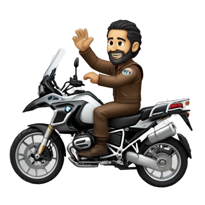 Francisco-Javier-Sans-Sánchez with Billy goat-beard, riding a BMW-R-1200-GS,waving sticker