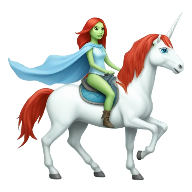 [
	{ a light green Amazon alien woman [ with red hair, with blue eyes]} 
	on a 
	[{ unicorn: white, six-legged, mane: light blue }] sticker