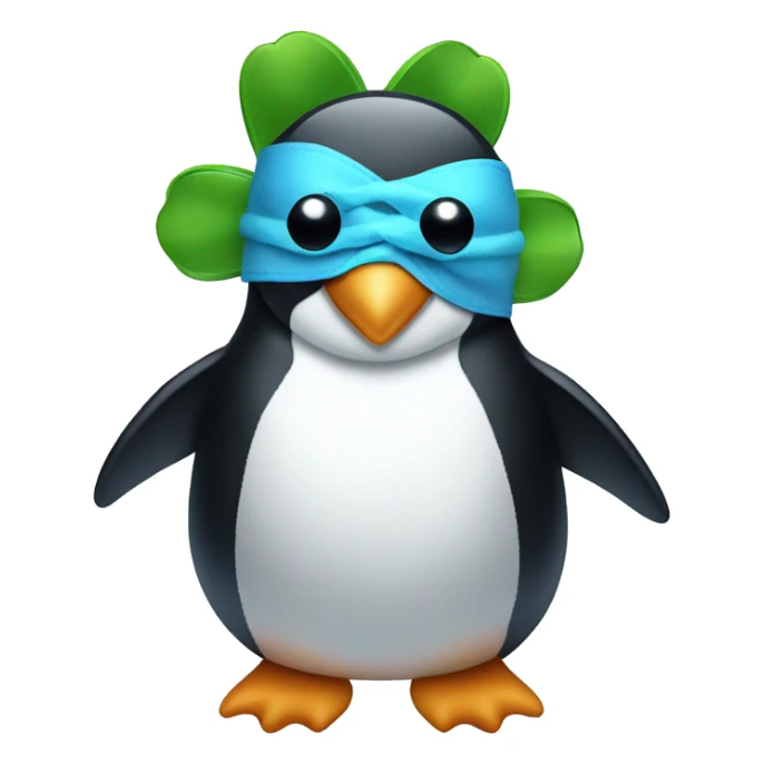 penguin holding a four leaf clover with a blue sleep mask on its head  sticker