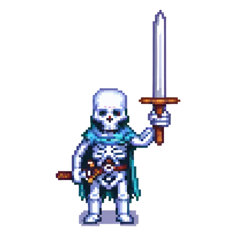 skeleton holding a sword, pixel art style, classic video game look sticker