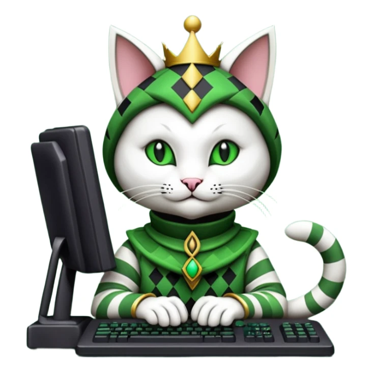mac os icon code computer retro terminal, black, green white, fantasy court jester cat draw as ASCII GREEN code inside the terminal sticker