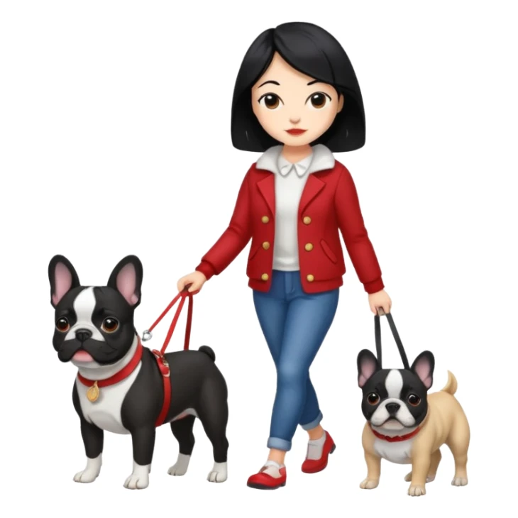 Mujer de pelo negro paseando un bulldog francés  sticker