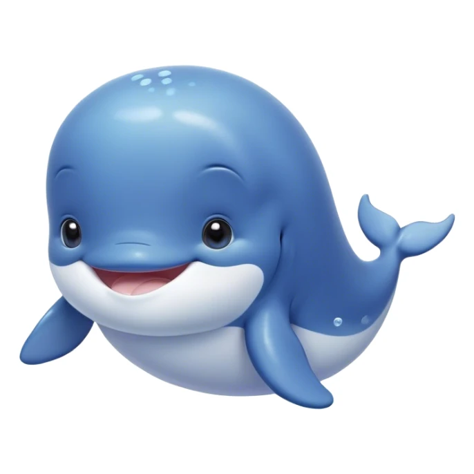 Cinematic happy baby whale, chubby rounded body, tiny smiling face, soft pastel blue hues, gentle glowing waves around, joyful and soothing. sticker