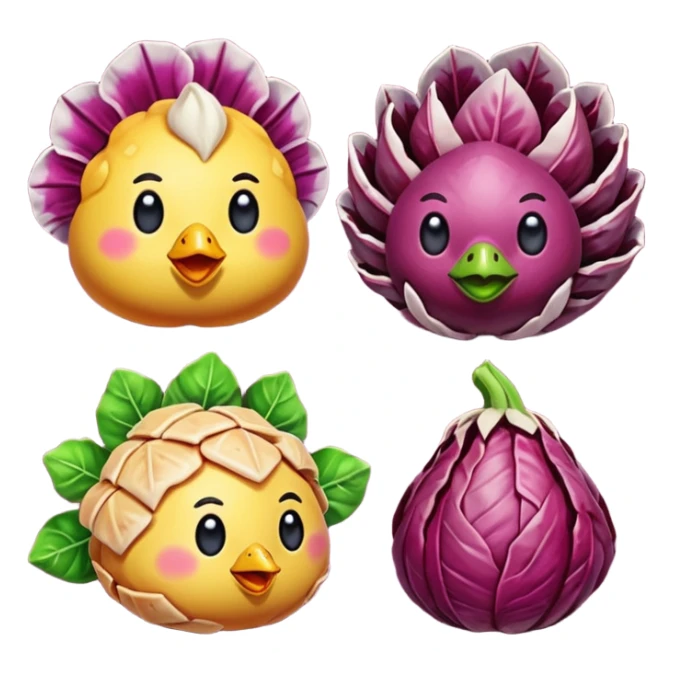 crea emote pack con sfondo trasparente e dimensioni 28x28 56x56 e 112x112 ognuna già con tutte e tre le dimensioni staccate dalle altre con tema radicchi e polli in stile gamer con parole da gaming in font bold colore arcobaleno diverso ad ogni parola sticker
