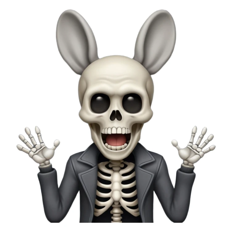 Skeleton Rick Astley screaming, but he has human ears, he still has his clothes on, the background is a blackish-gray color, and Skeleton Rick Astley is a dark gray color sticker