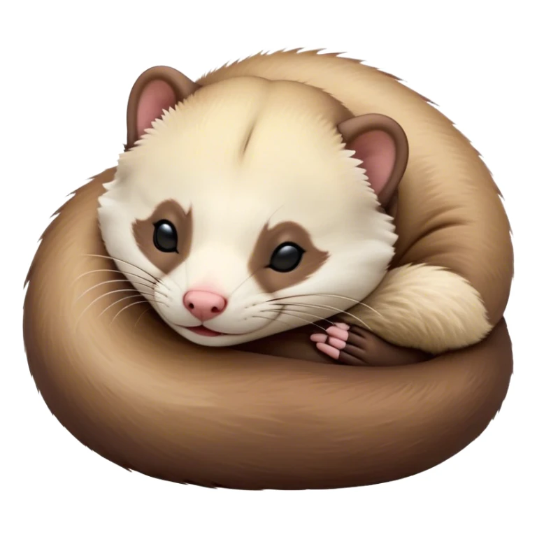 Meme-Worthy Cute Sleeping sable ferret Portrait Emoji, Head resting peacefully with a contented smile, showcasing a long, flexible body curled up in cozy repose, luxuriously soft fur in warm brown and cream, and eyes gently closed in serene slumber, Simplified yet hilariously adorable features, highly detailed, glowing with a soft, drowsy natural light, high shine, relaxed and utterly lovable, stylized with an air of playful laziness, bright and heartwarming, soft glowing outline, capturing the essence of a sleeping sable ferret that feels destined to become the next viral sensation of adorable rest! sticker