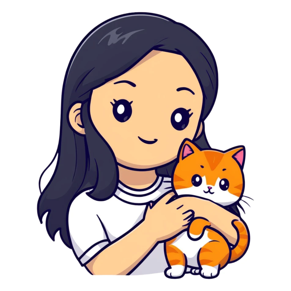 beautiful elegant girl with long black hair holding a friendly ginger cat sticker