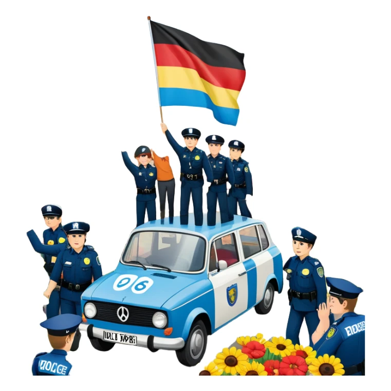West German protest scene, 1968, young people with colorful protest signs saying 'Make Love Not War' and 'Mehr Demokratie wagen', BRD flag, flowers, police in background, lively mood sticker