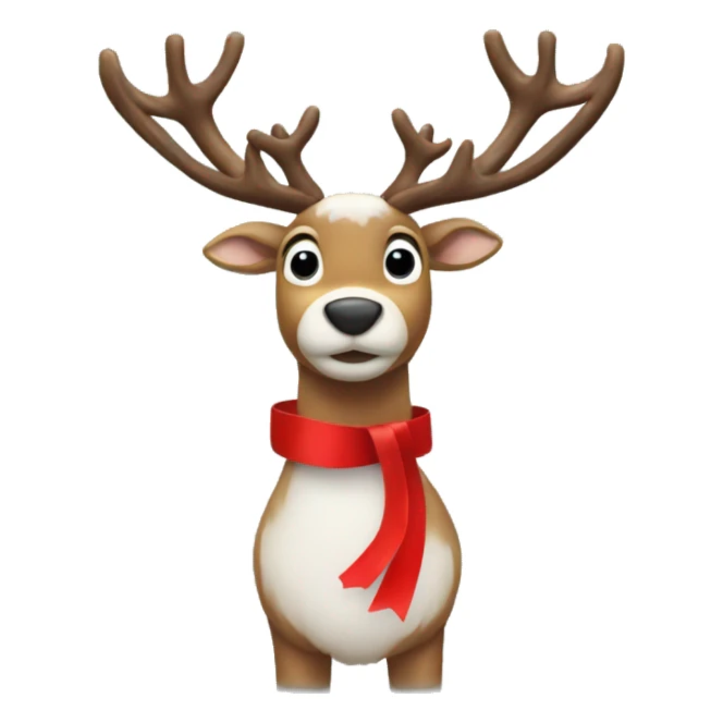 A reindeer in the snow with a red ribbon on its left horn sticker
