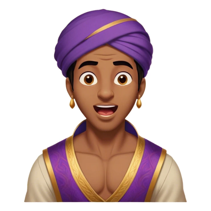 Cinematic Realistic Aladdin Portrait, head tilted slightly with a dramatic, wide-open yawn, revealing a relaxed, yet still vigilant expression. The lifelike textures of his skin and carefully rendered fabric of his attire combine with warm, ambient lighting to capture a moment of endearing, laid-back heroism. sticker