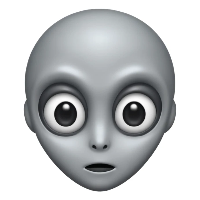 Grey alien head, big black eyes, cartoon emoji, no background sticker