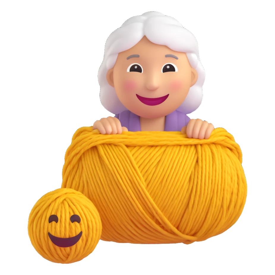 3D smiley emoji, round shape, grandmother with yarn, pink color, smiling face sticker