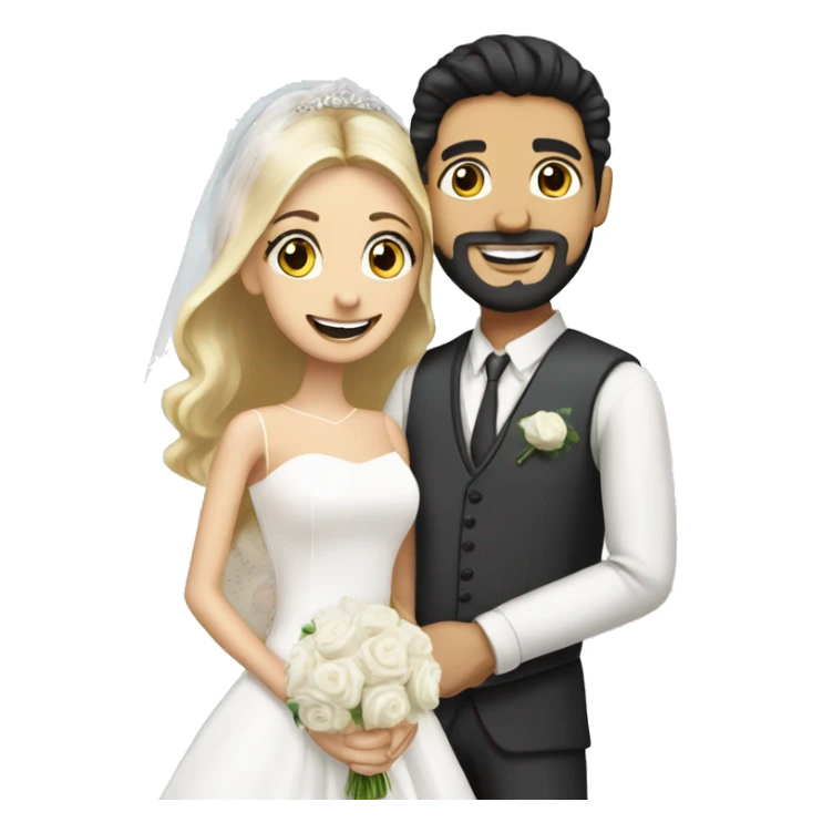Wedding couple with Handsome light middle eastern man with goatee and black hair and white smile with bride who has blonde hair , hair down , and beautiful  sticker