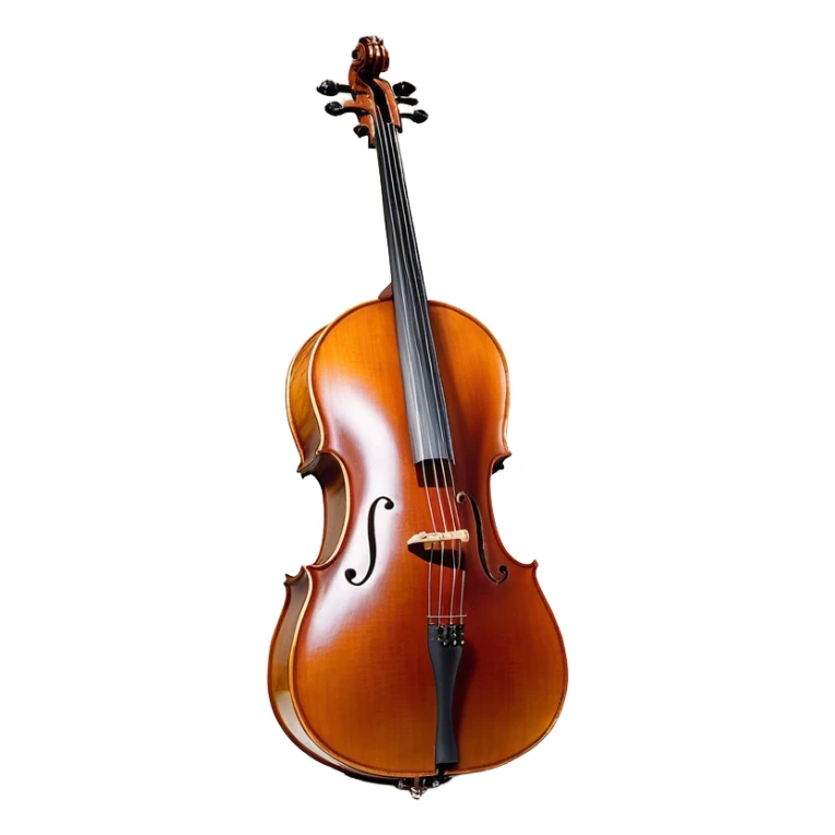 Create a refined and detailed emoji representing a Cremona cello with a bow. The design should feature the smooth, polished wooden body of the cello with a deep, rich tone color. The strings and tuning pegs should be visible, emphasizing the instrument's fine craftsmanship. Add a delicate bow placed gently across the strings, with intricate detailing on the hair and frog. Include subtle musical notes around the cello to evoke the graceful, classical sound. Use warm wood tones and accents like gold and silver for a professional, elegant look. The background should be transparent. sticker