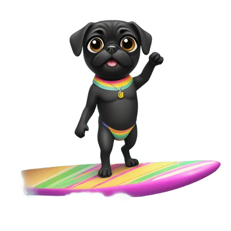 Black pug in bikini surfing in the ocean sticker