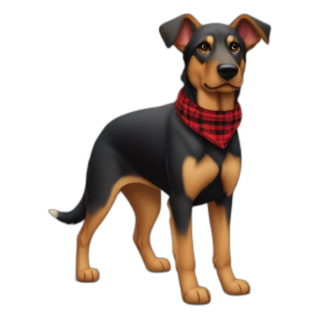 75% Coonhound 25% German Shepherd mix dog wearing small pointed red buffalo plaid bandana pointing down side view full body facing left sticker
