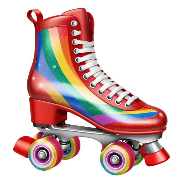 red vintage glitter roller skate with a white leather boot, rainbow stripes glitter sticker