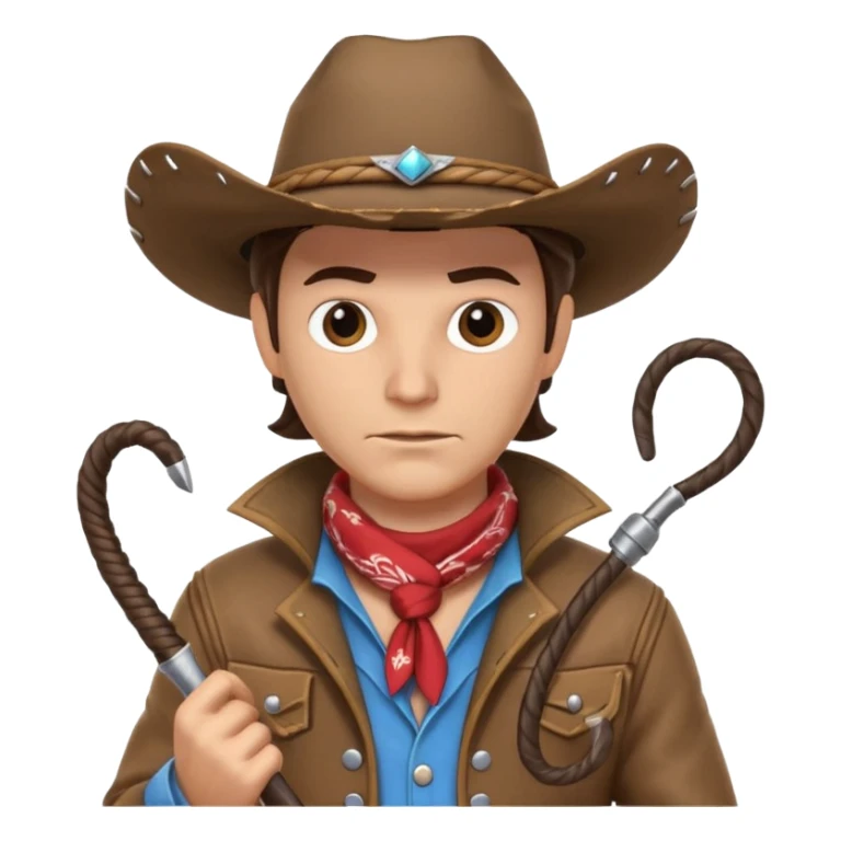 cowboy with a whip portrait, head and shoulders only, cowboy hat, bandana, western jacket collar, whip coiled over shoulder, confident expression, 3D cartoon, mobile game icon style, clean background, no text, no watermark
 sticker
