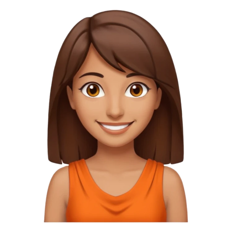 30 yr old middle eastern woman straight brown hair side bangs big smile tanned skin brown eyes orange dress sticker
