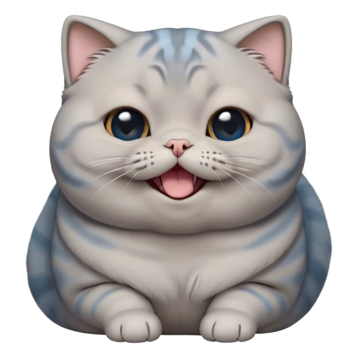 Cinematic Cute Chubby Grey Scottish Fold Cat Portrait Emoji, Head tilted playfully and yawning, round and plump body with sleek soft grey fur and subtle blue undertones, adorable folded ears, Simplified yet adorable features, highly detailed, glowing with a warm, friendly glow, high shine, curious yet calm, stylized with a touch of whimsy, bright and endearing, soft glowing outline, capturing the essence of a mischievous yet loving and lazy kitty with those signature folded ears, so cute it feels like it could stretch out of the screen and cuddle! sticker