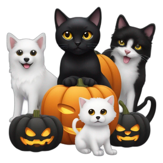 Black cat, two white dogs, an Halloween pumpkin and Elvira sticker