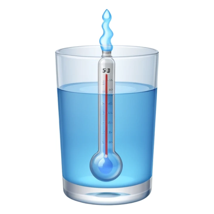 At a 45-degree angle backward and slightly to the right, the thermometer in a glass of water should be gray, like a mercury thermometer, and show 50+>C in 3D format. The water should also be blue. sticker