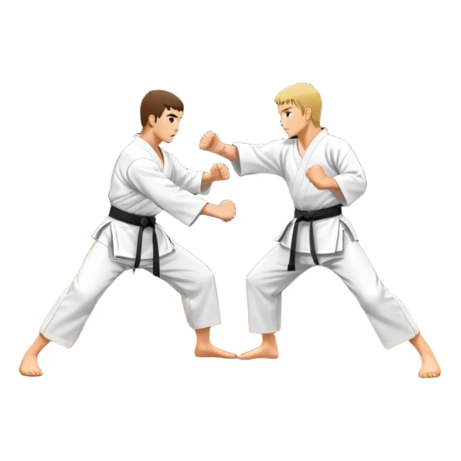 An icon representing traditional Karate, featuring two opponents in a martial arts dojo. One is performing a powerful punch, while the other defends with a block. The background showcases a classic dojo setting with wooden floors and sliding doors. Transparent background sticker