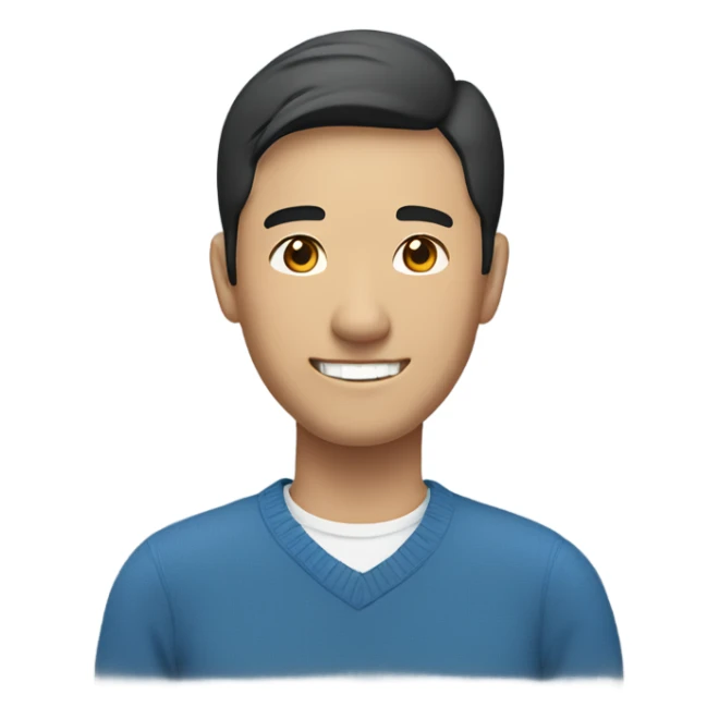 smiling asian man, wearing blue sweater with white shirts inside sticker
