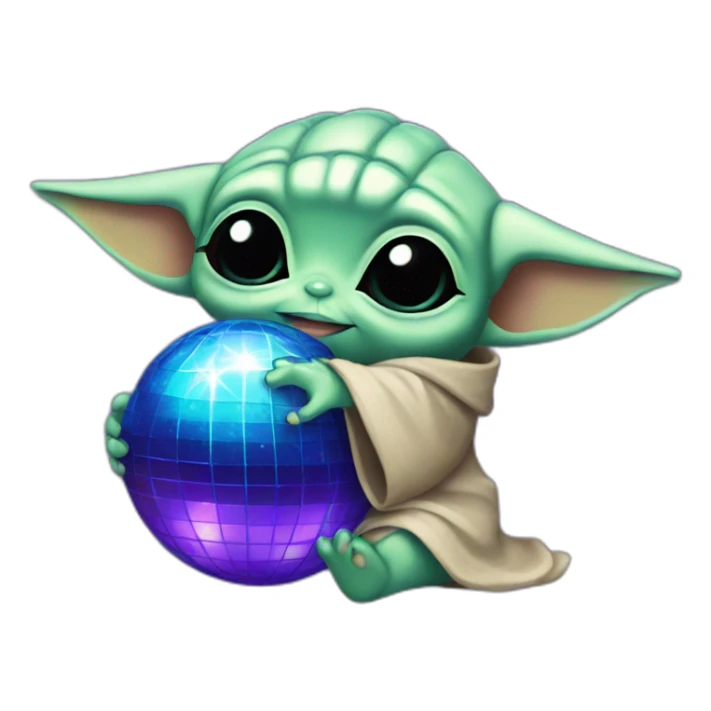 Baby yoda hugging a blue and purple disco ball sticker