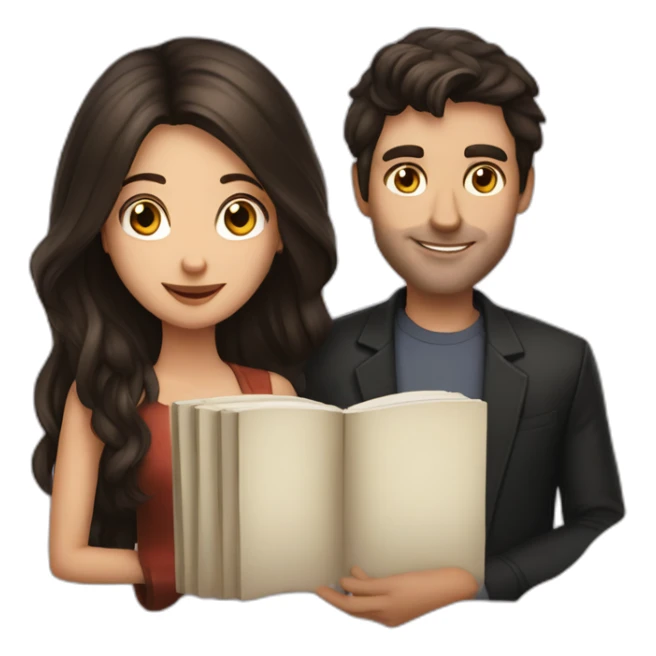 a brunette guy and long dark hair lady with a book sticker