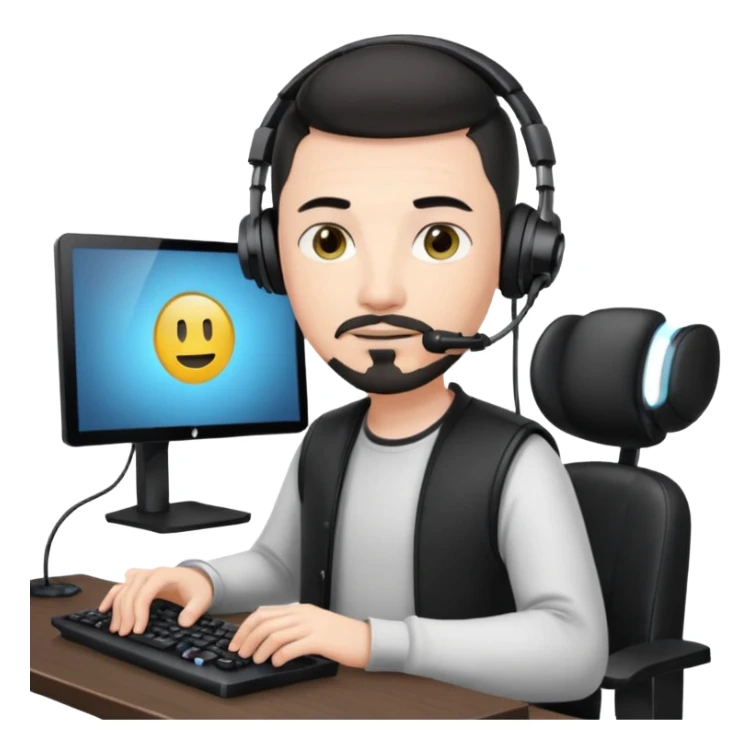 a setup of a youtuber, white skin, thin goatee, black short hair, with a desktop pc on a table, a gaming chair, microphone, white ring light sticker