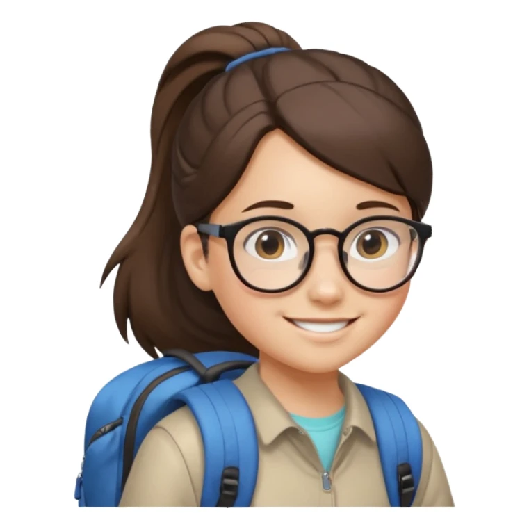 student brunet kid girl, ponytail wearing glasses with backpack sticker