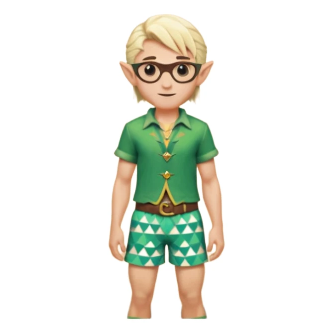 elf male legolas portrait, patterned board shorts (geometric/abstract), unique wooden-framed sunglasses, undercut hairstyle, slight smirk, visible pointy ears, no background, centered emoji, hipster summer vibe sticker
