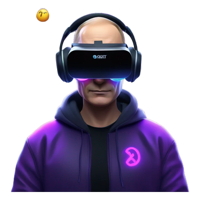 Putin wearing a black hoodie with "OMG" letters on it and VR headset oculus quest 2 in a cyberpunk VR environment with violet neon lighting. sticker