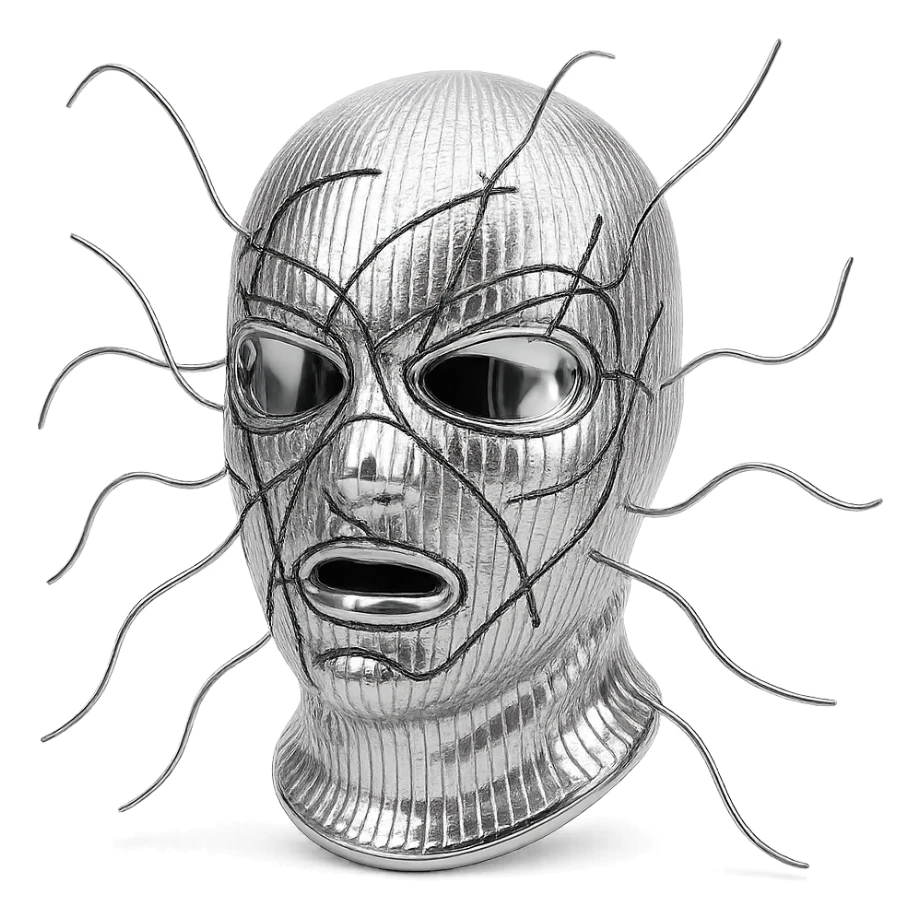 The mask is a full-head, white knitted balaclava with a tight ribbed texture. It features two asymmetrical eye openings and a partially exposed mouth area. Black thread is stitched across the surface in chaotic, abstract lines that trace facial features, giving a hand-drawn effect. Several black cords extend outward from the mask, varying in length and direction, adding a sculptural, almost organic appearance. The overall look is bold, handcrafted, and visually striking. sticker