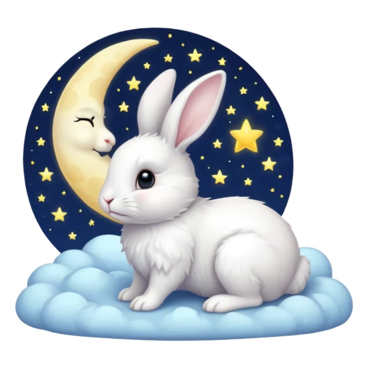 a white bunny in the foreground (no small details) and a large crescent moon in the background sticker
