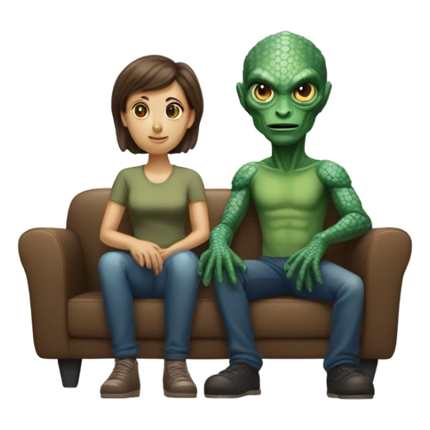 alien reptilian woman and humman man, sitting on a couch  sticker