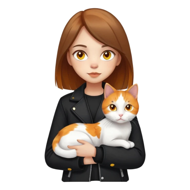 Light-skinned girl with brown straight hair wearing a black jacket, holding one pure white cat with bright yellow eyes and one calico cat with orange black and white patches sticker
